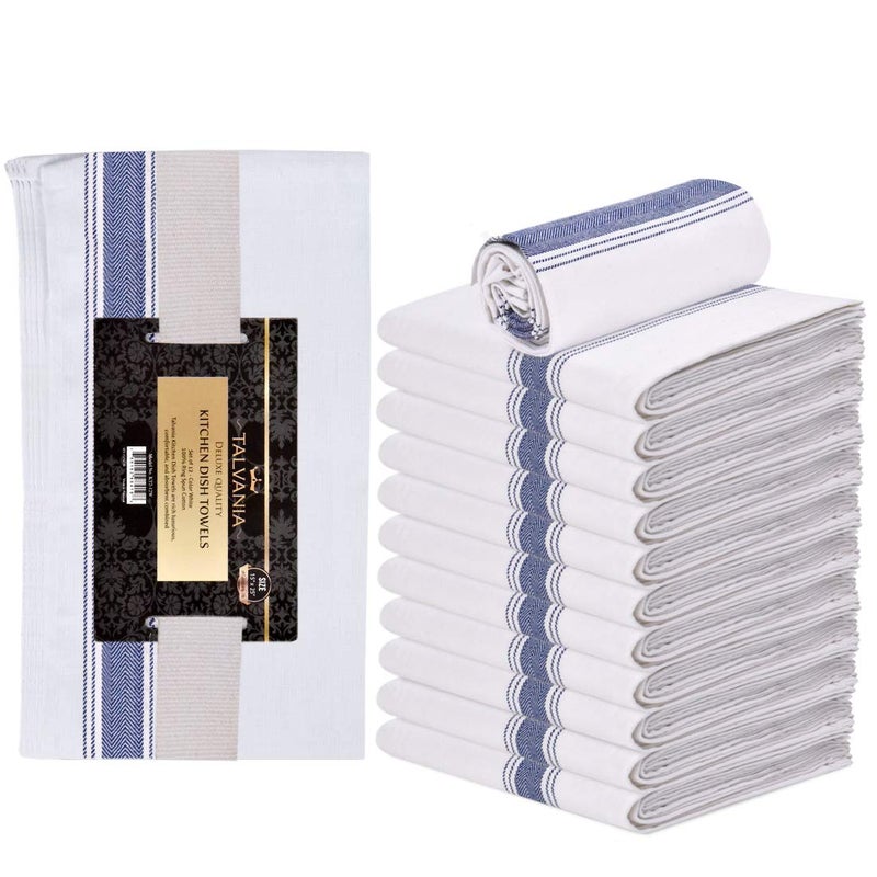 TALVANIA Kitchen Dish Towels 100% Cotton White Flour Sack Tea Cloth with Blue Herringbone Stripe, Pack of 12 Perfect Classic Dish Towel 15â€ x 25â€ Dishcloths for Bars Kitchens Counters etc. - Image 2